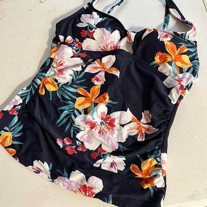 S tankini top - swim suit - floral, blue